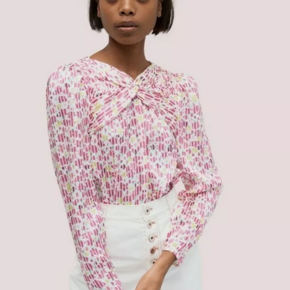 KATE SPADE Marker Floral Devote French Cream Top size Small Puff Sleeve silky - Picture 2 of 10